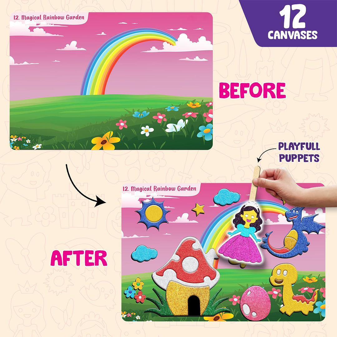 The finished shimmering fairy tale artwork from the kit, including a castle and a unicorn
