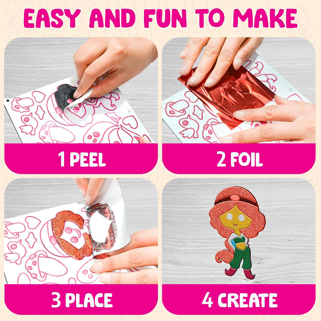 A close-up of a child's hands carefully applying a colorful foil sheet to a princess template
