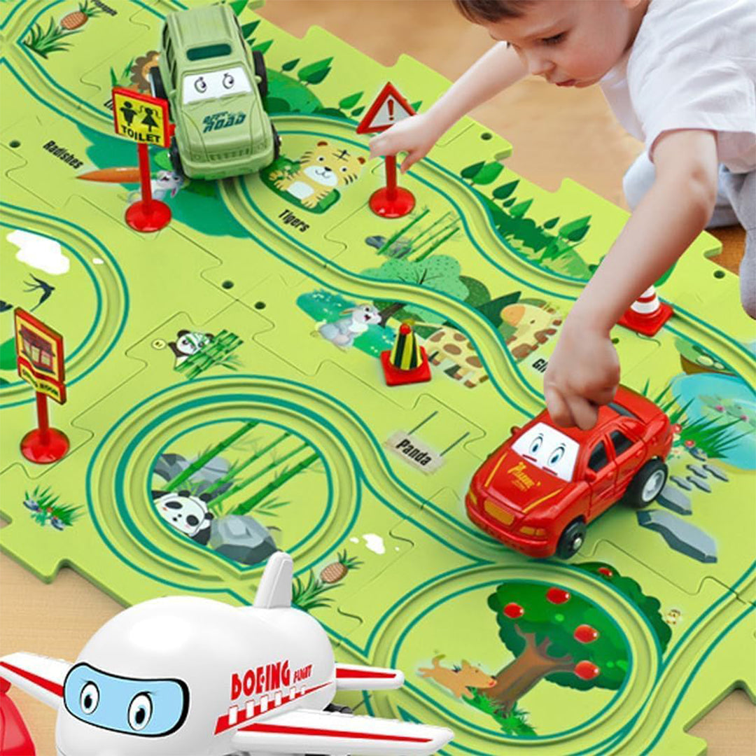 Kids playing with the puzzle track car play set, showing non toxic materials.