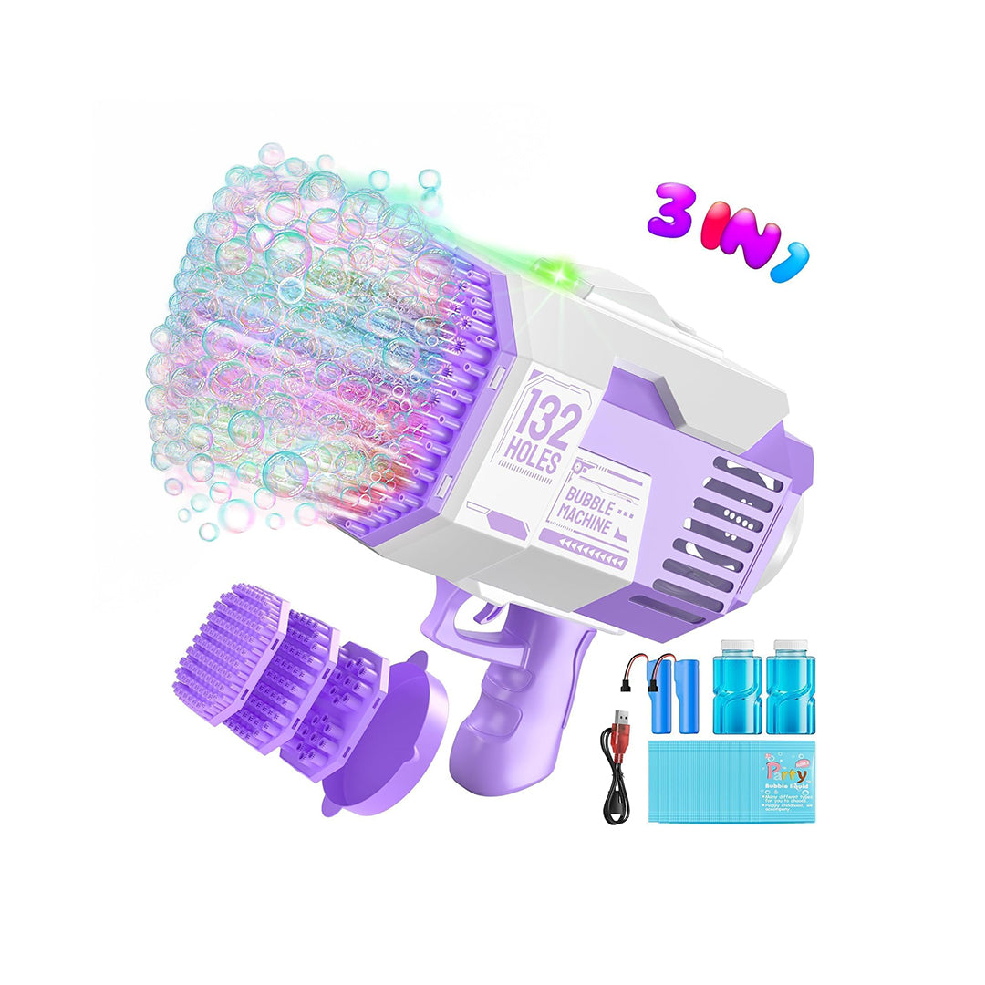 A child playing with the rechargeable bubble gun, surrounded by thousands of bubbles
