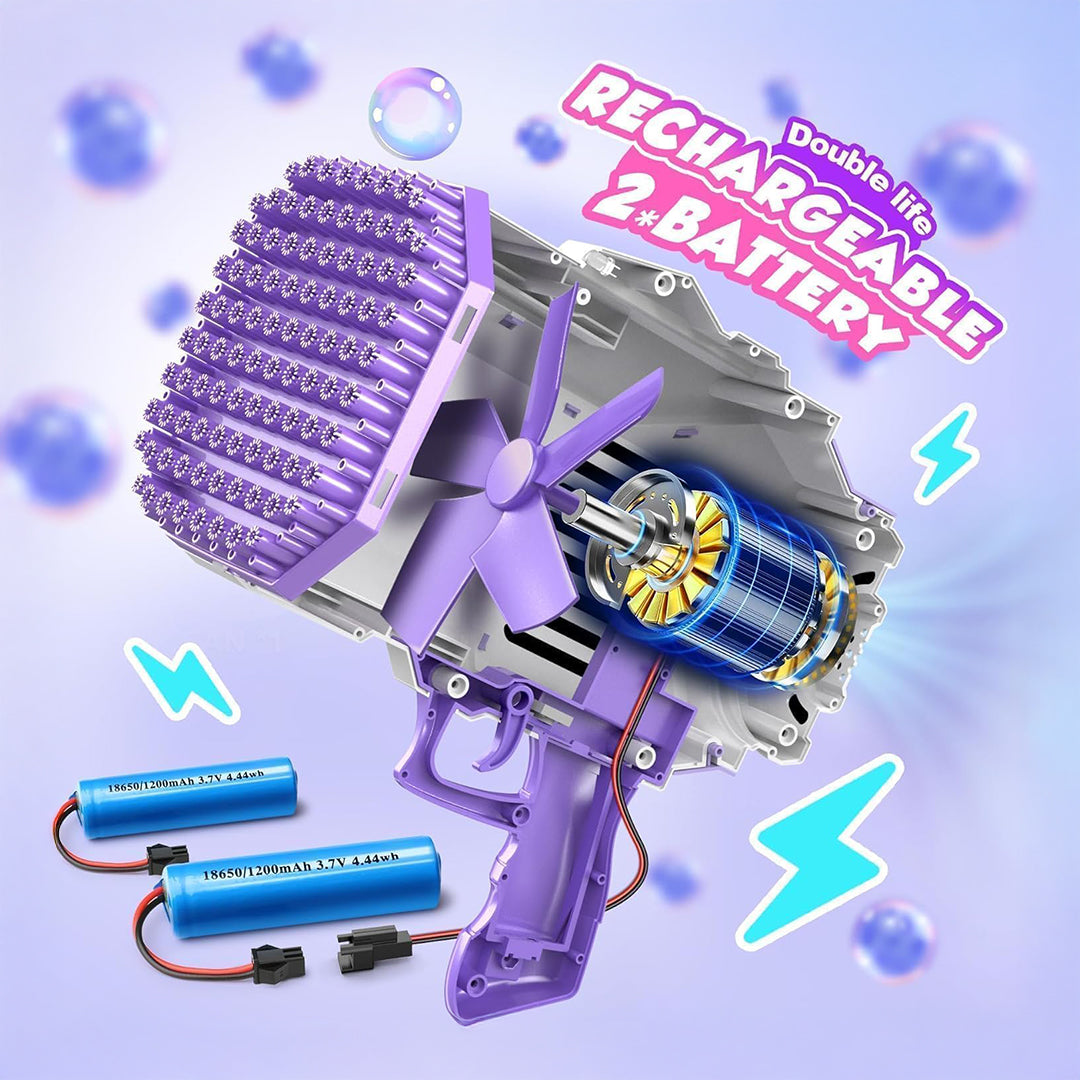 The complete set, including the bubble gun, bubble solution, and charger

