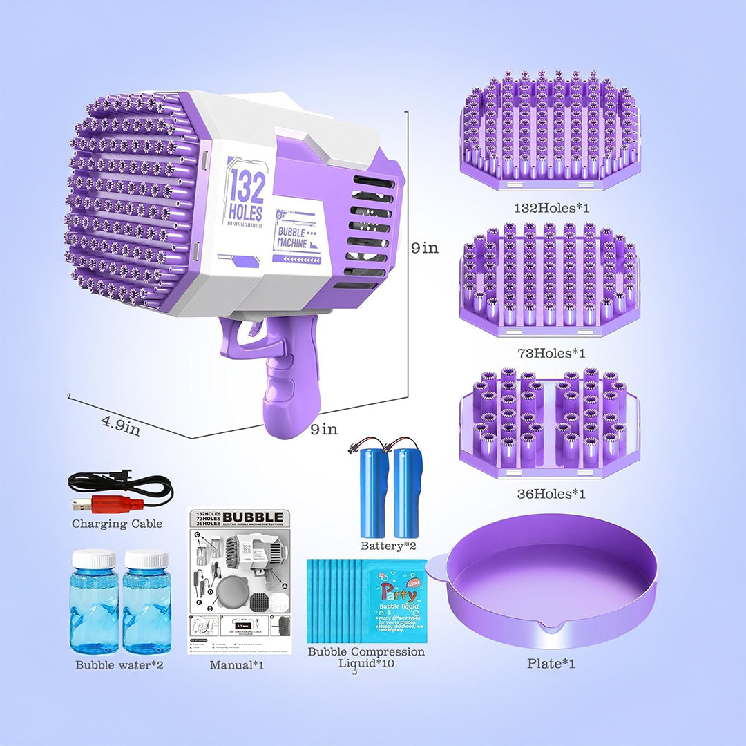 The complete set, including the bubble gun, bubble solution, and charger
