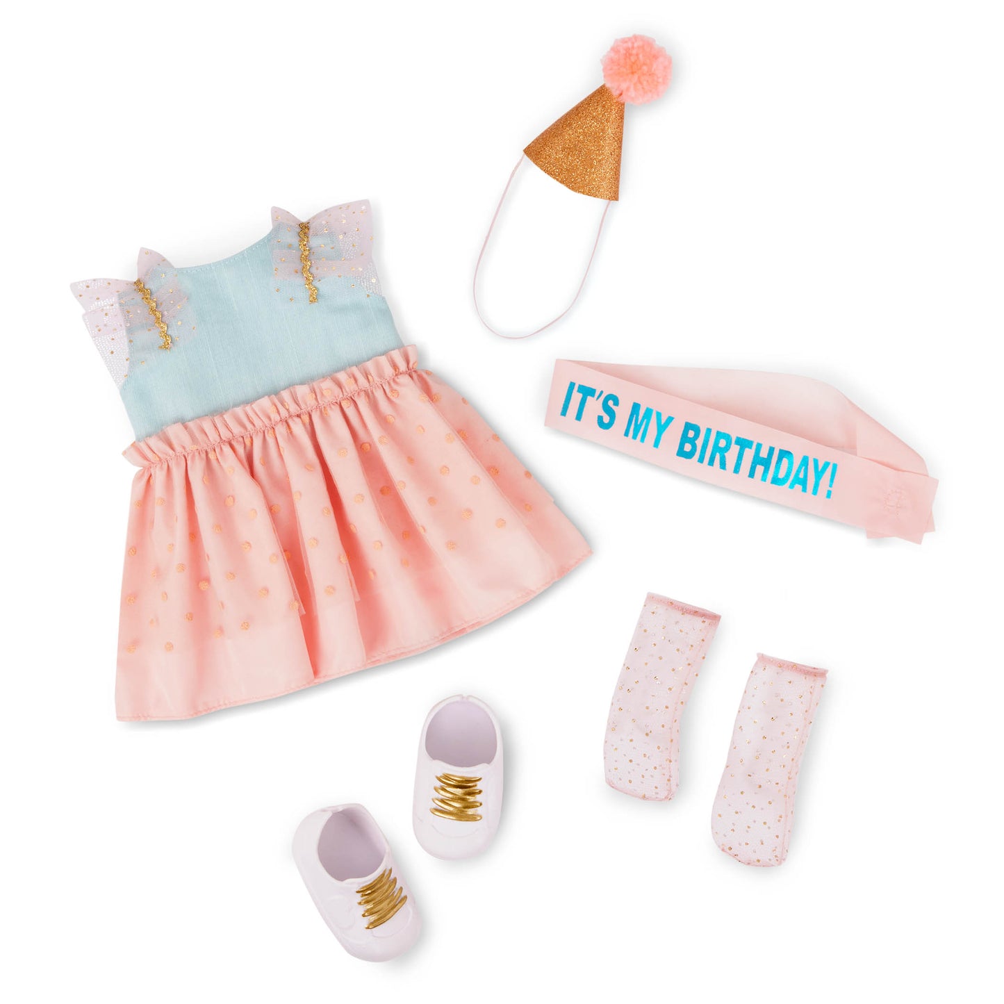 Close-up of the Romy Birthday Party Doll's festive outfit and accessories