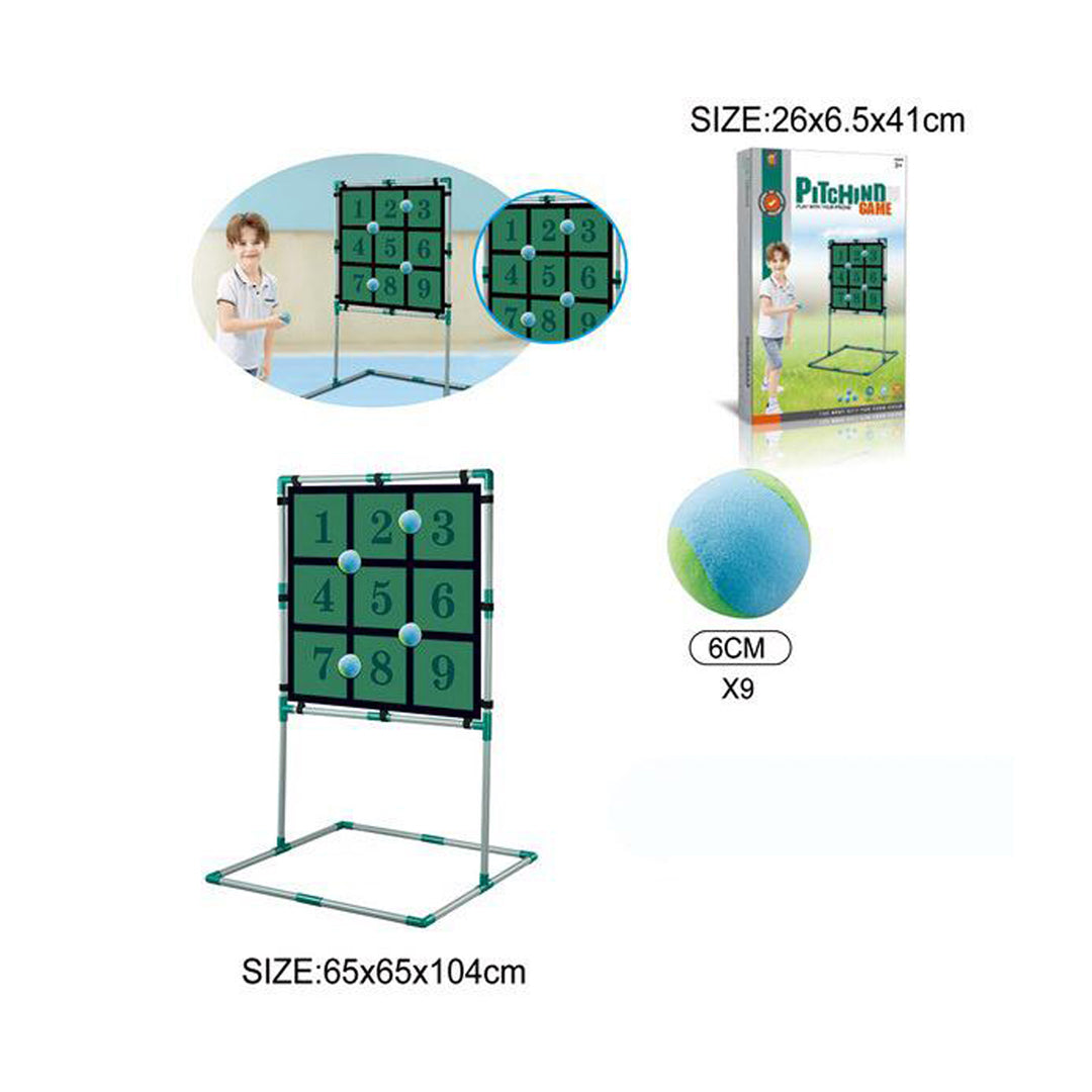 "Close-up of the target stand and sandbags in the Sandbag Toss Game"
