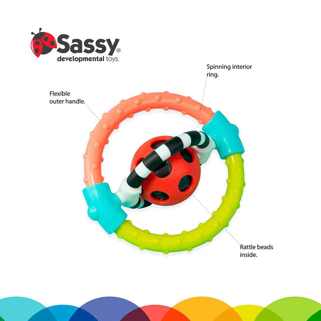Sassy Spin & Chew Flexible Ring Rattle - Sensory Teether Toy (6M+) - Toyspry