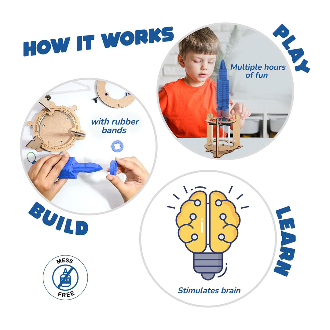 A child using the launch mechanism to send the rocket flying
