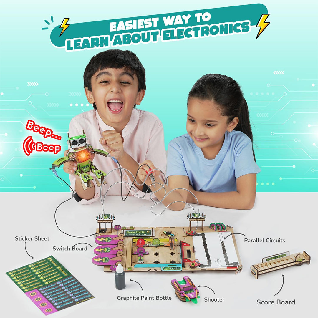 A child building a circuit-based experiment with the wooden components
