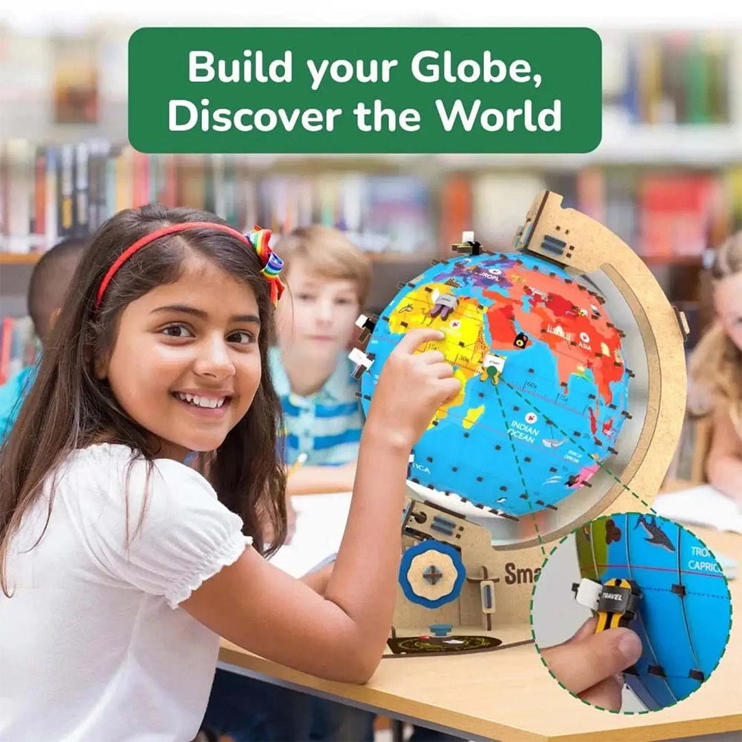 A child assembling the wooden pieces of the globe's stand
