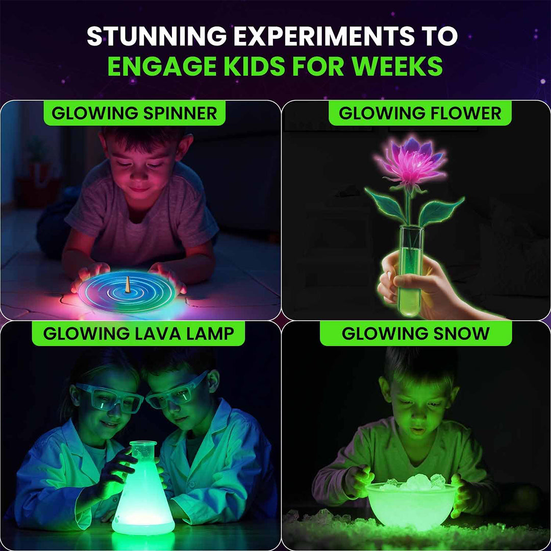 A child excitedly looking at a glowing liquid they created in a beaker
