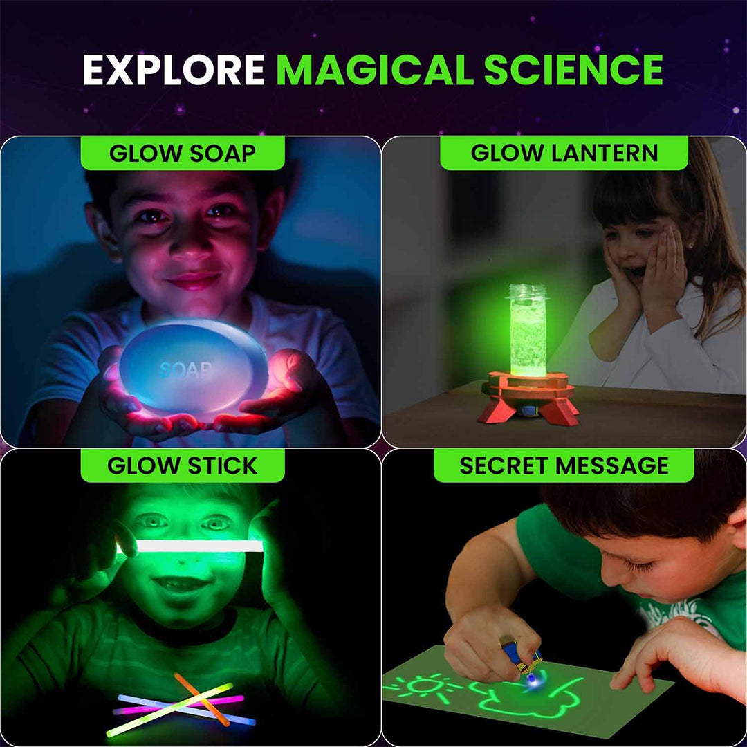 A child writing a secret message on a sheet of paper that glows in the dark
