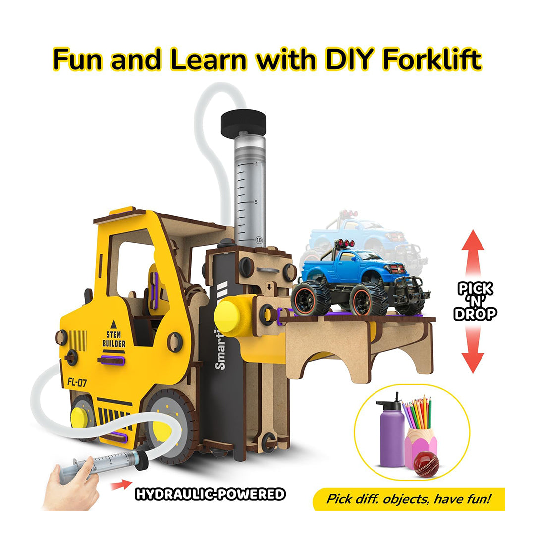 A close-up of the forklift's syringes and pipes demonstrating hydraulic pressure

