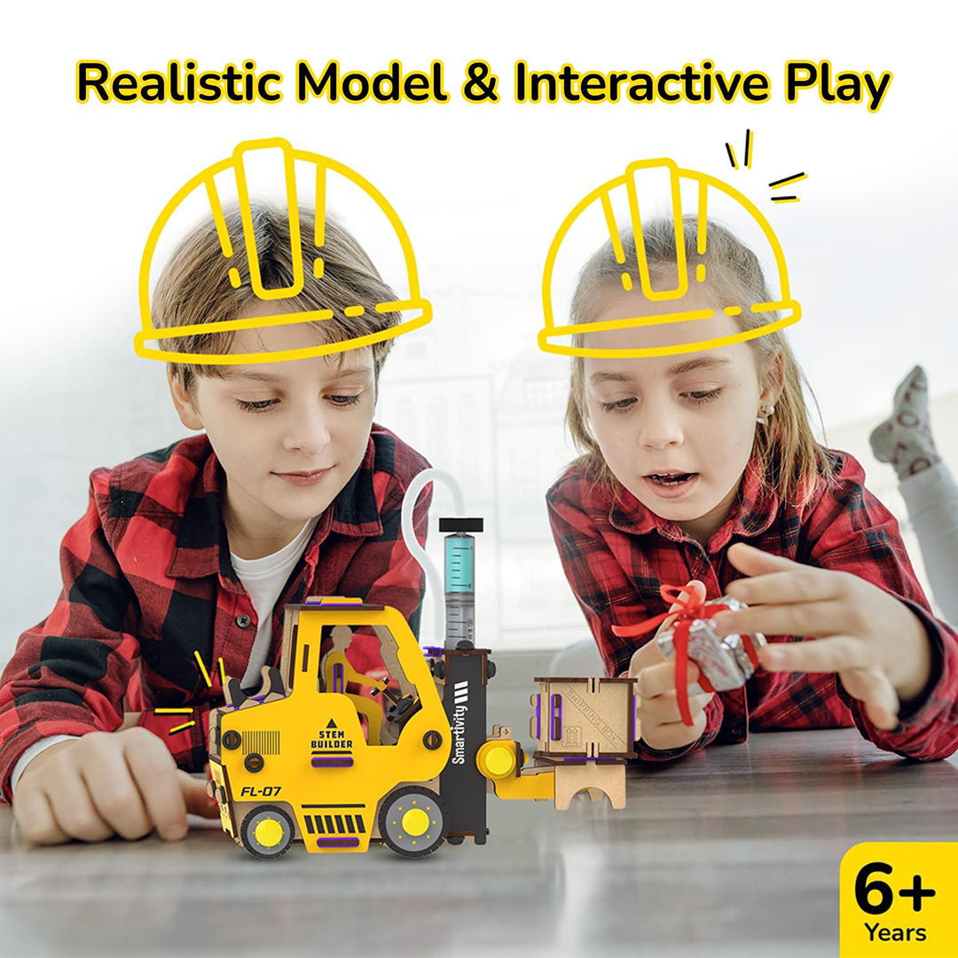 A child building the wooden forklift model on a table
