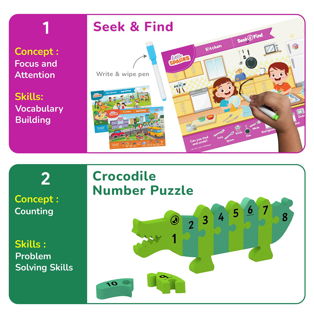A photo showing different educational games and puzzles from the kit
