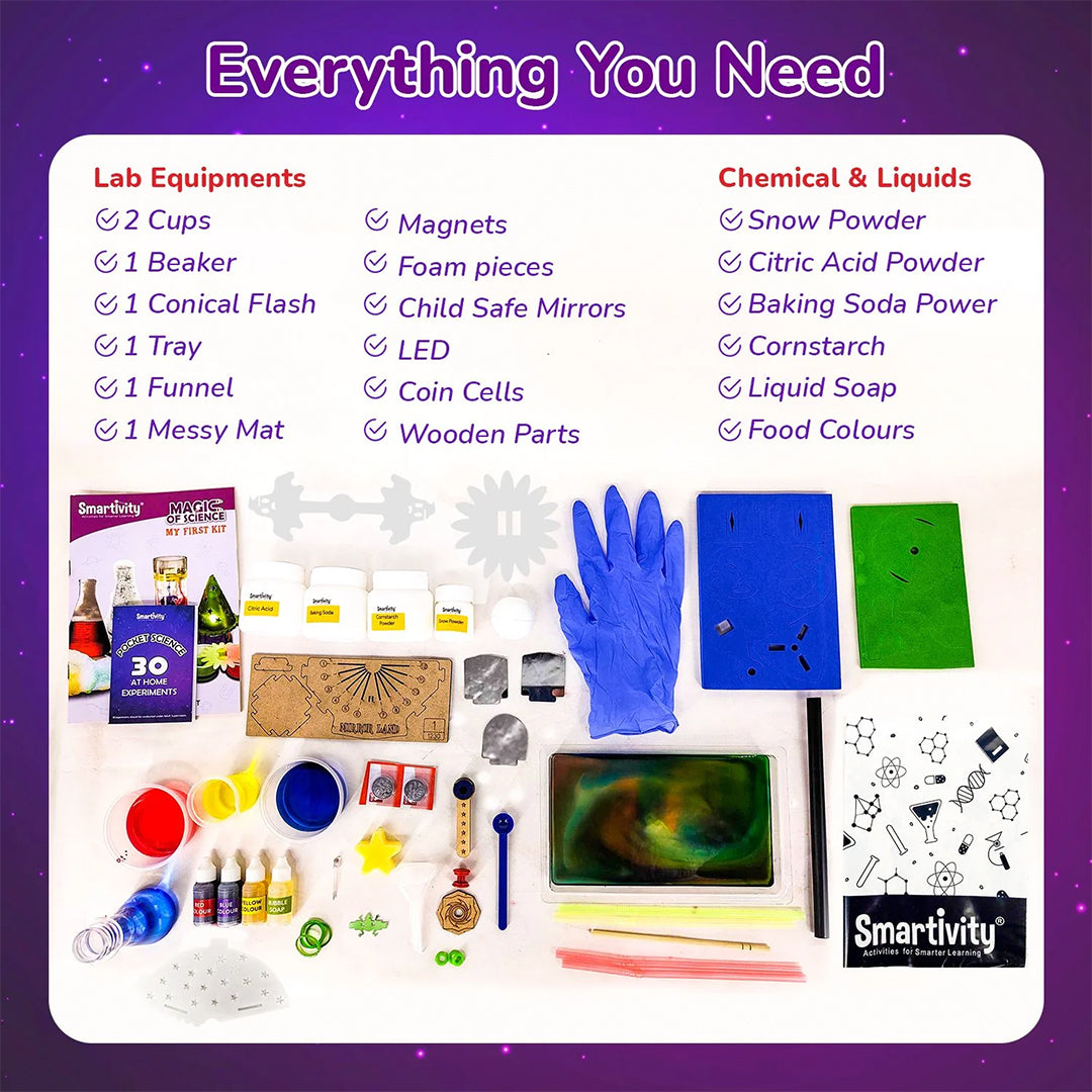 A photo showing different fun and magical projects from the kit, such as a glowing solution or a small rocket