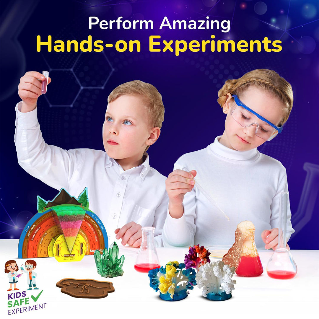 A child making a volcano erupt with the kit's components
