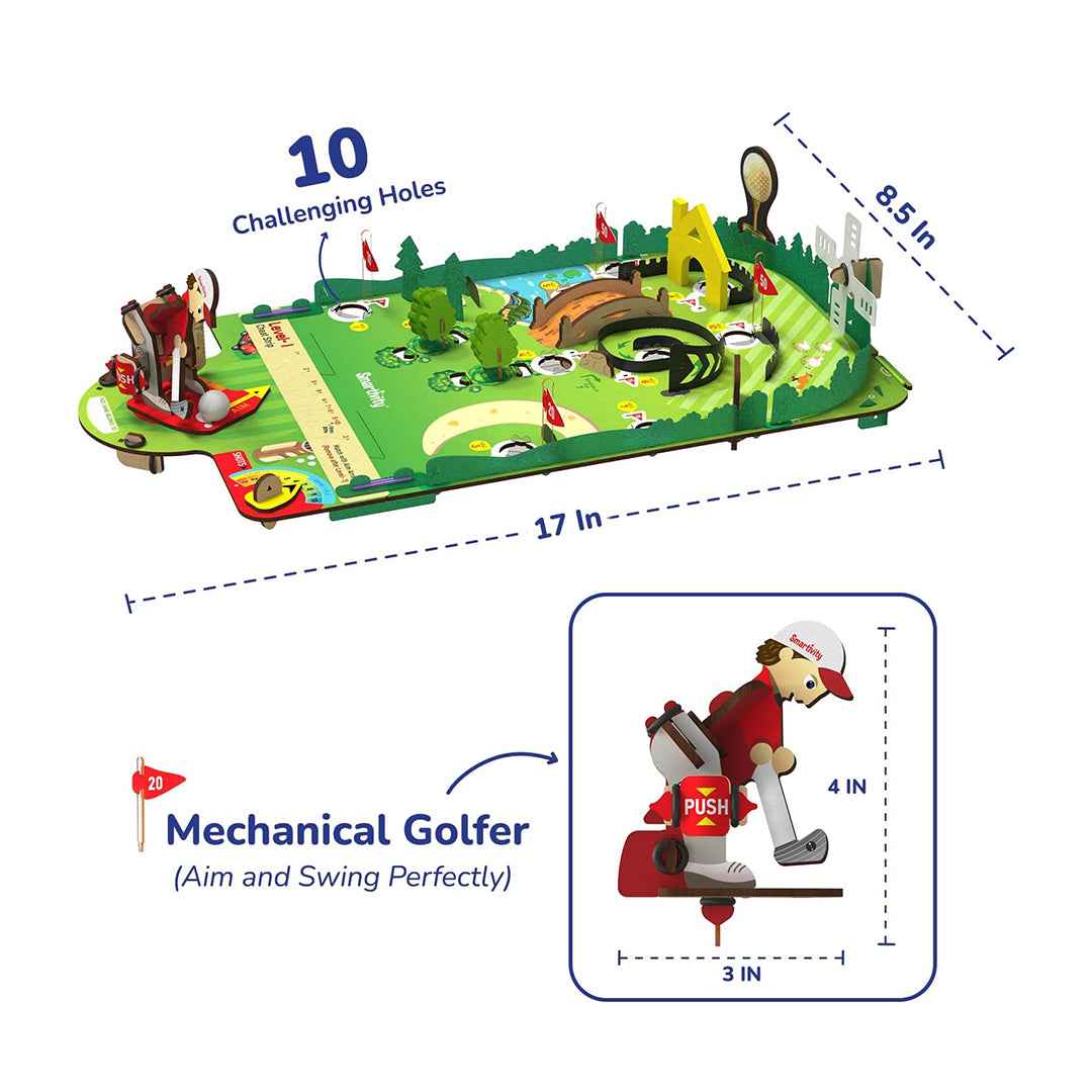 Diagrams showing how kids learn physics with the Smartivity wooden mini golf game. - Toyspry