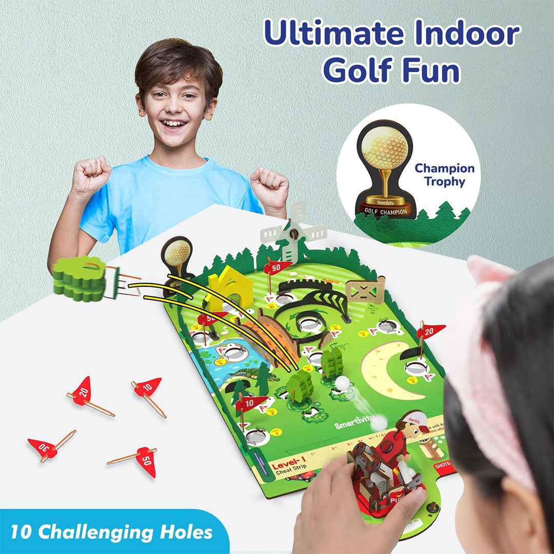 Happy child playing the indoor tabletop mini golf STEM game - Toyspry