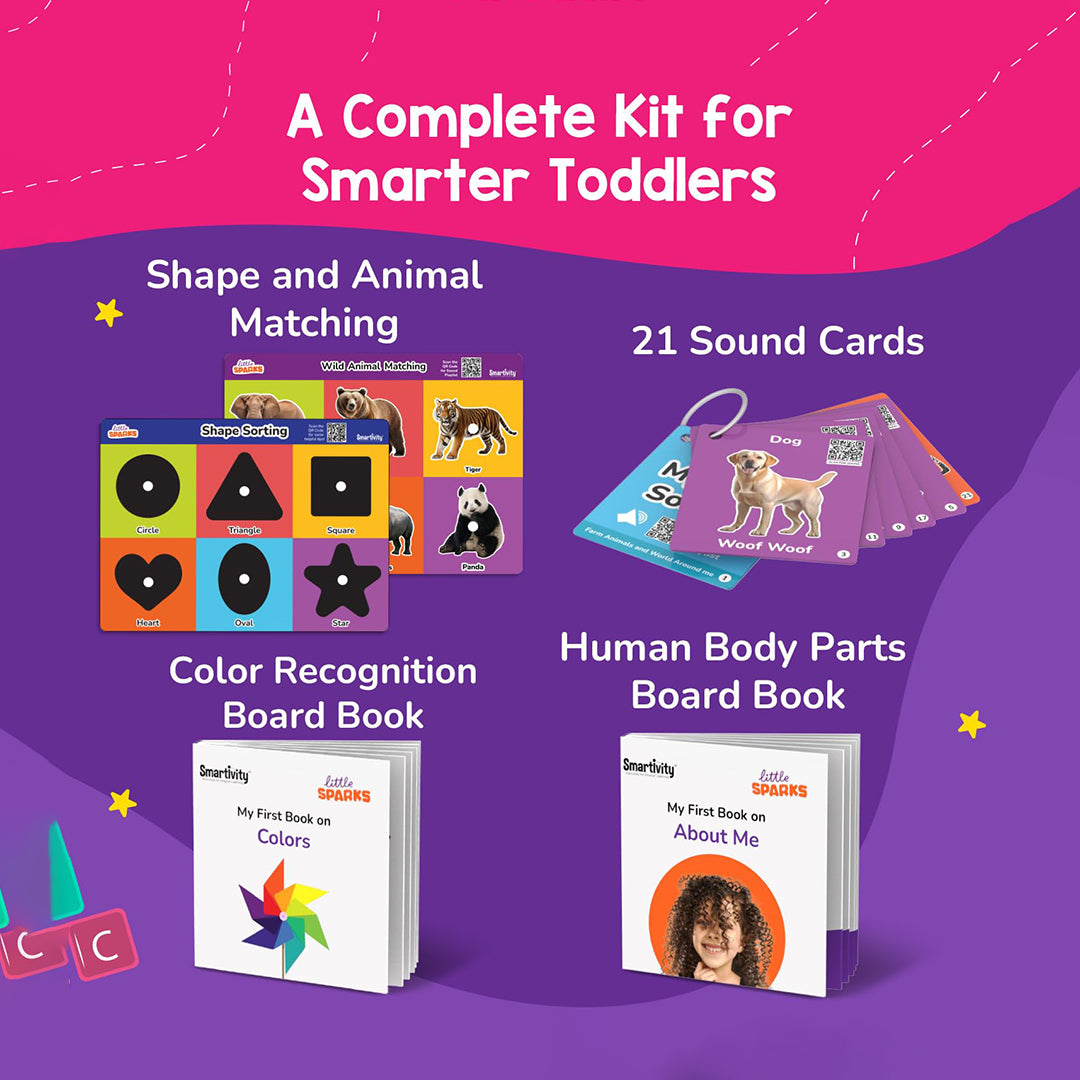 A photo showing all 5 activities and components from the kit laid out
