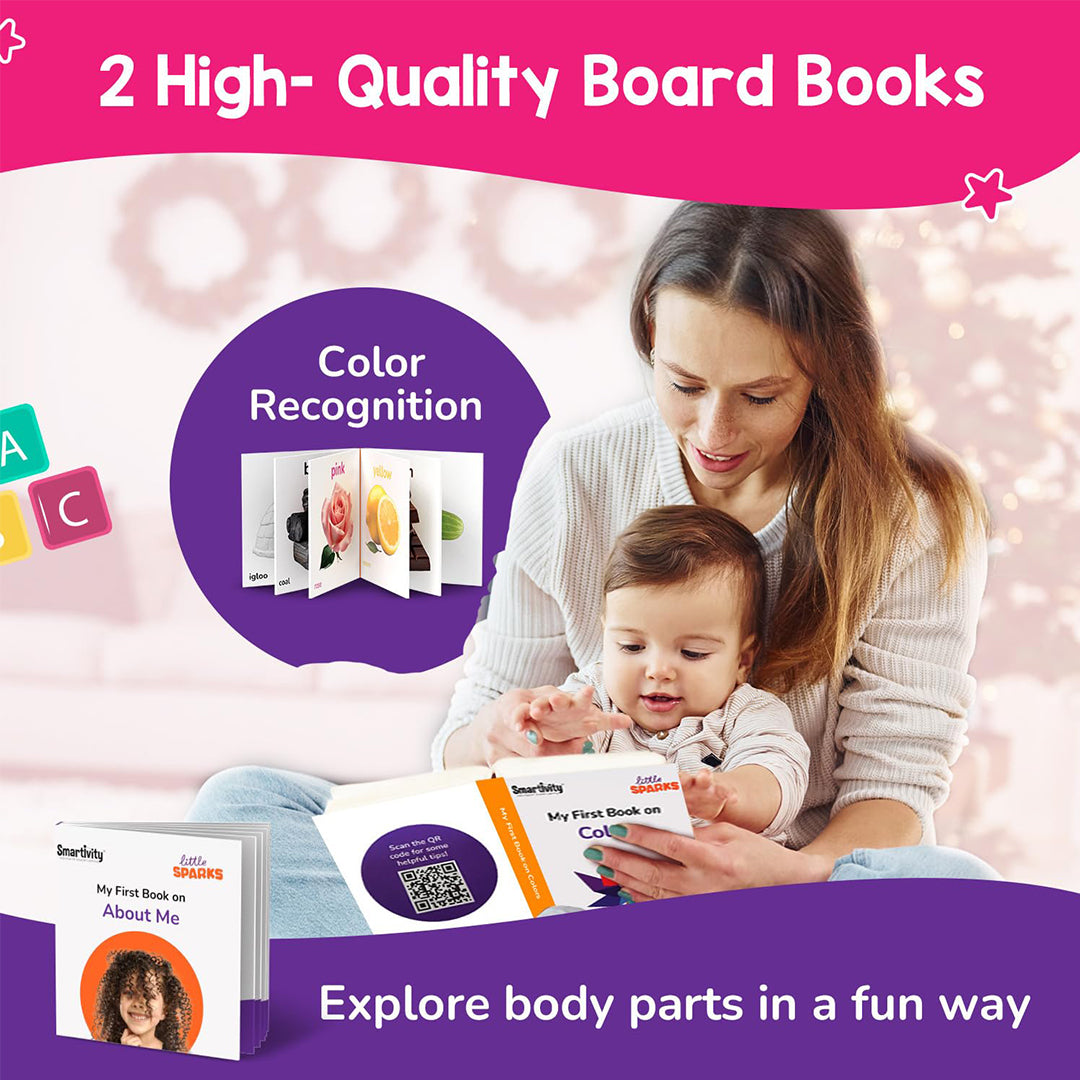 A child looking at the board book on colors
