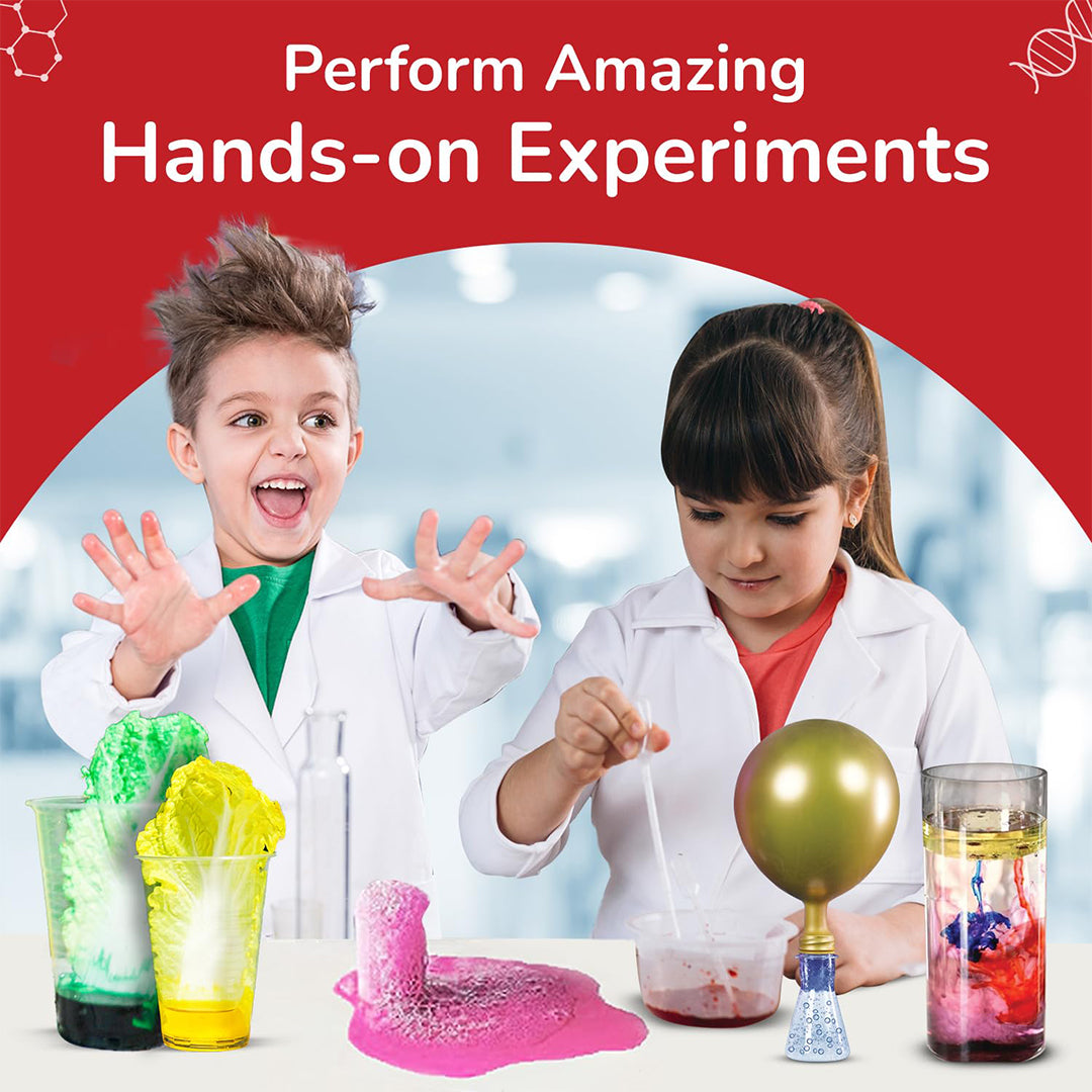 A child looking at their completed experiment with instant snow in their hand
