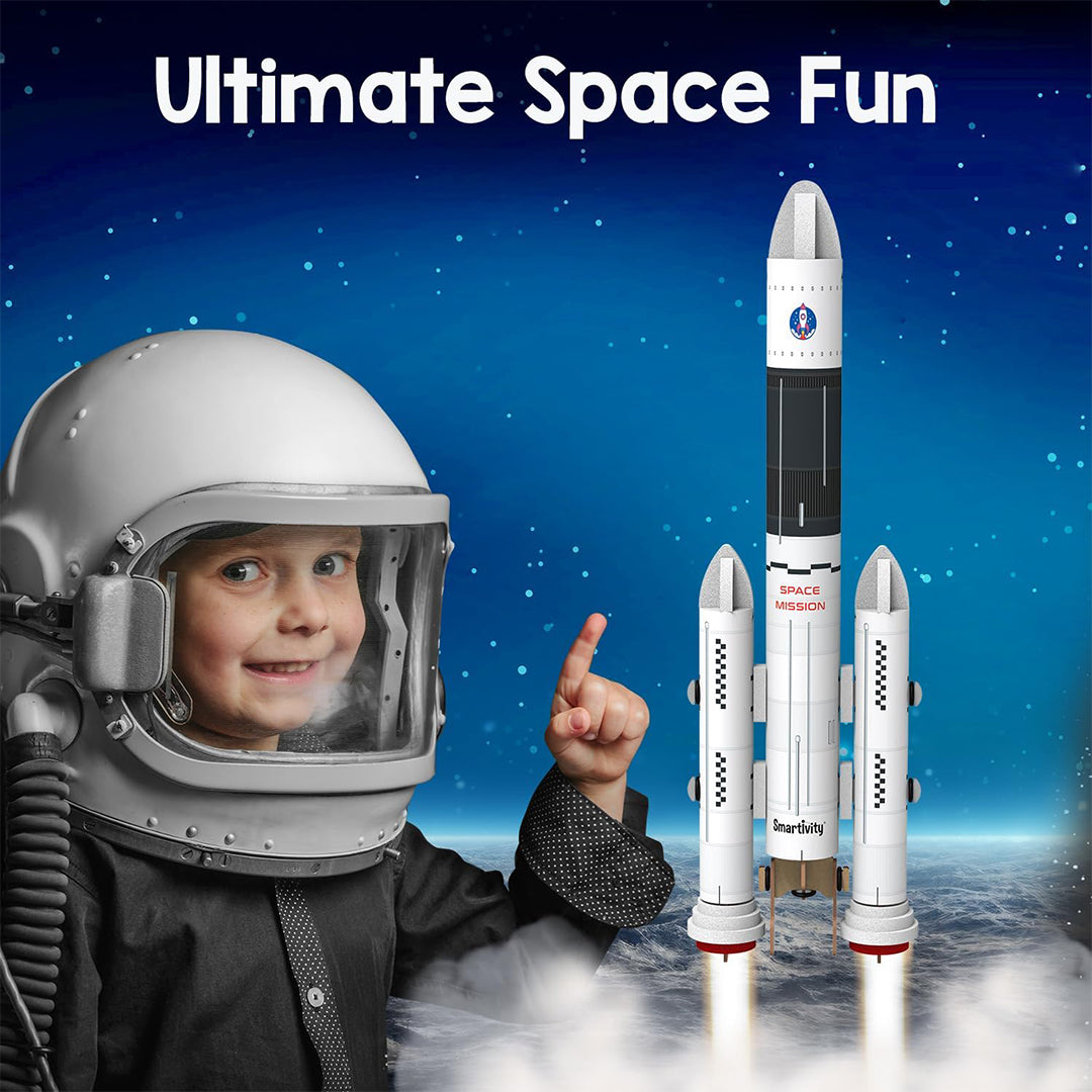 A child pressing the launch button on the rocket launcher base