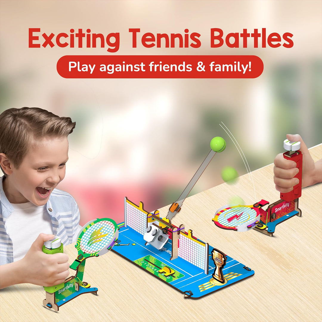 Two children playing the tabletop tennis game with the mechanical rackets
