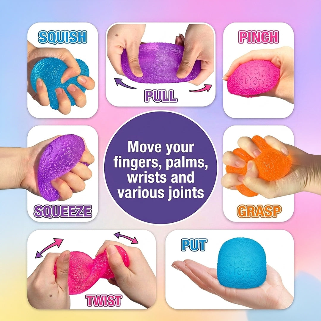 Stack of blue, pink, and purple NeeDoh Gumdrops used to help kids de-stress and focus better
