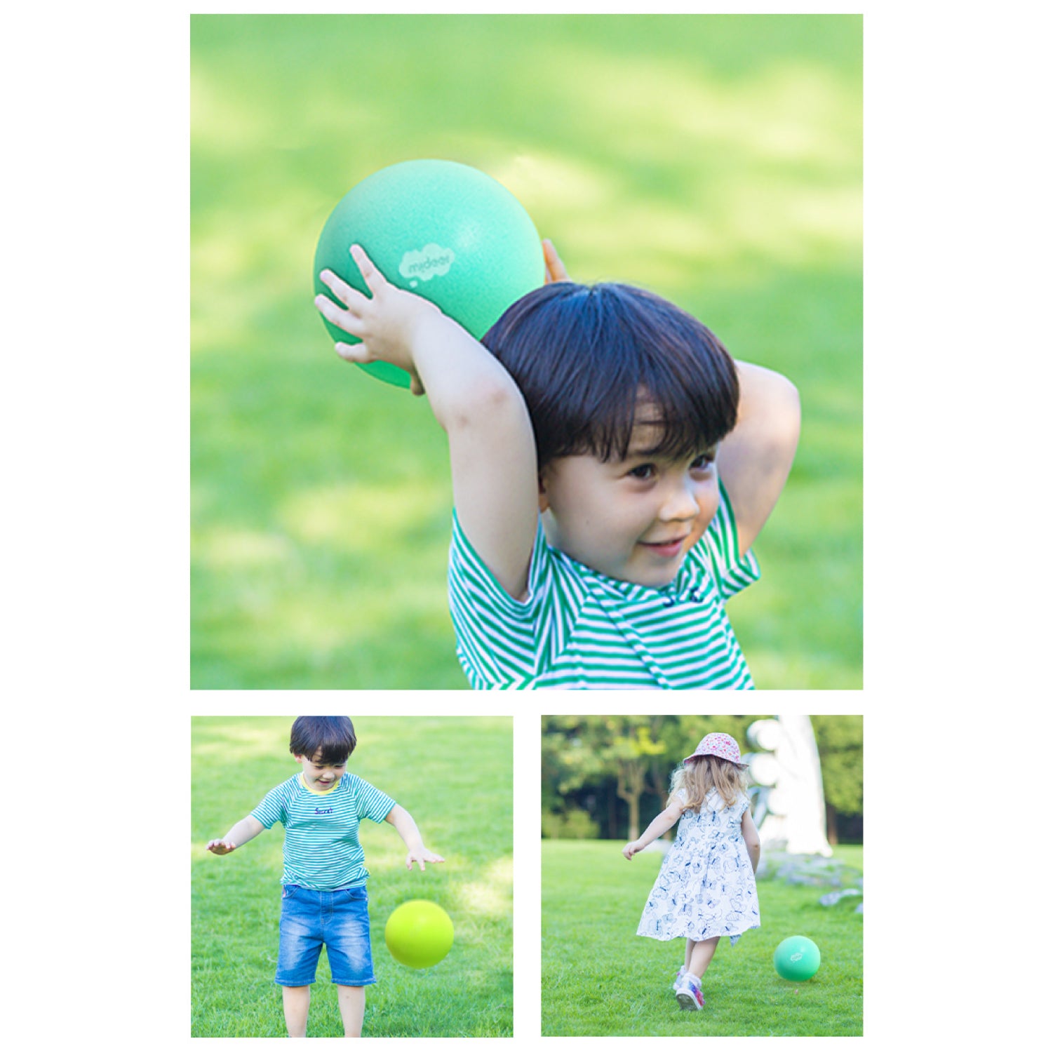 A three-panel collage showing children outdoors on a grassy lawn with a green ball. The top panel shows a young boy in a green and white striped shirt holding a green ball above his head.