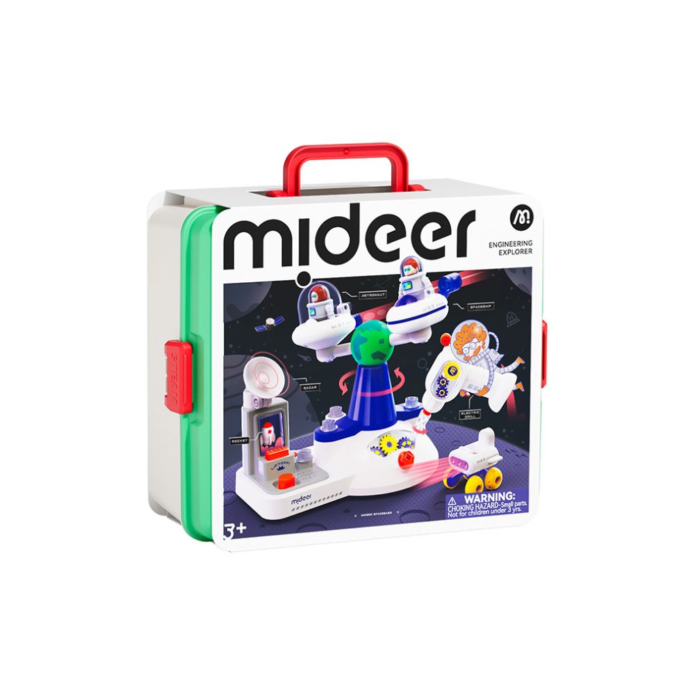 Mideer Engineering Explorers toy set in a white carrying case with a red handle, green side panel, and red latch, shown on a white background.