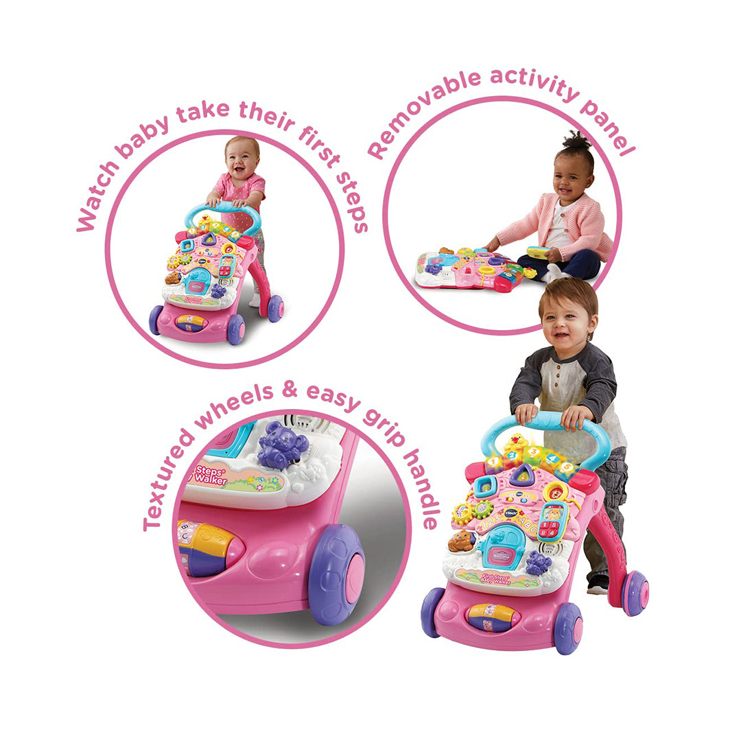 Toddler Playing with Shape Sorters and Light-Up Buttons on VTech Walke