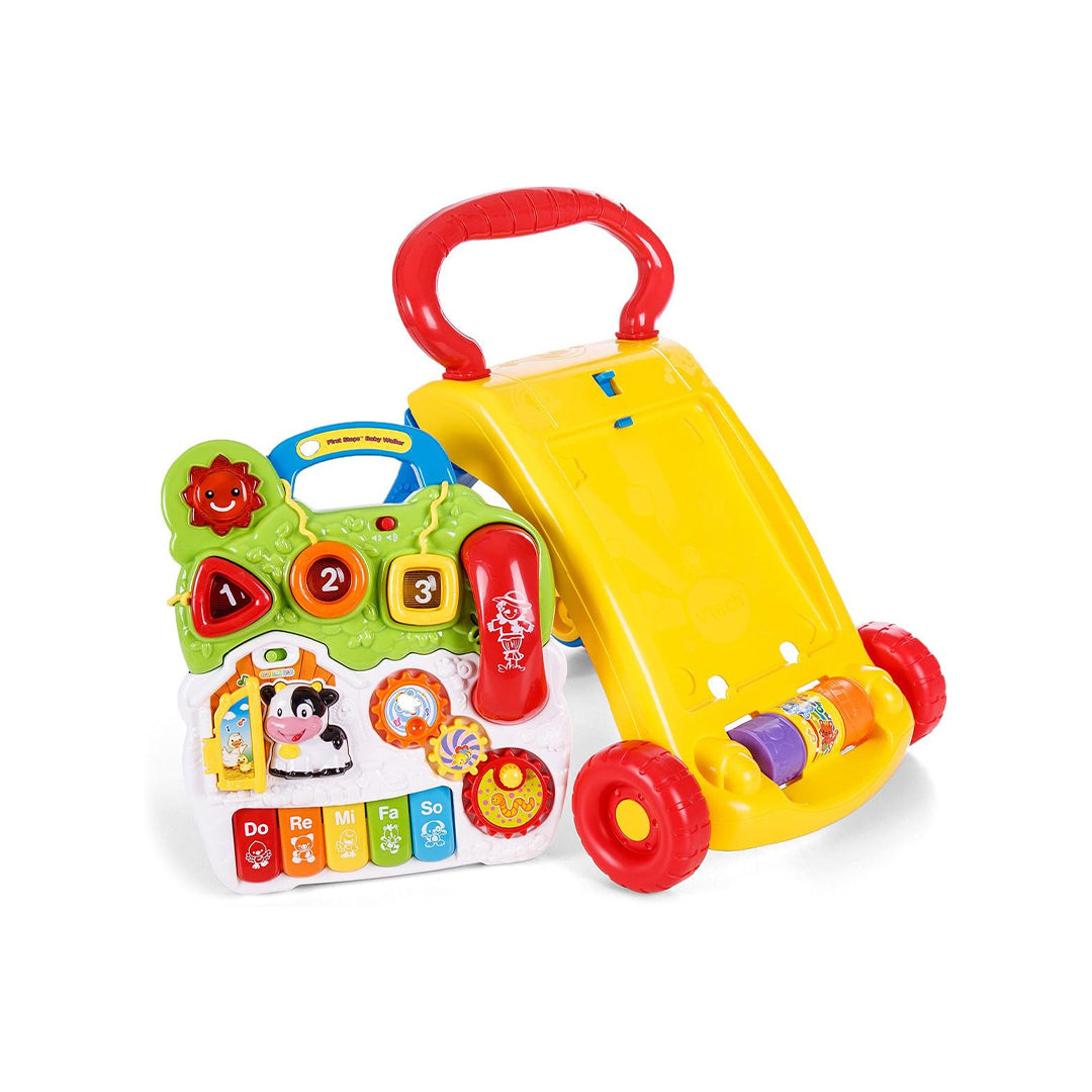 Toddler Using VTech First Steps Walker for Motor Skill Development