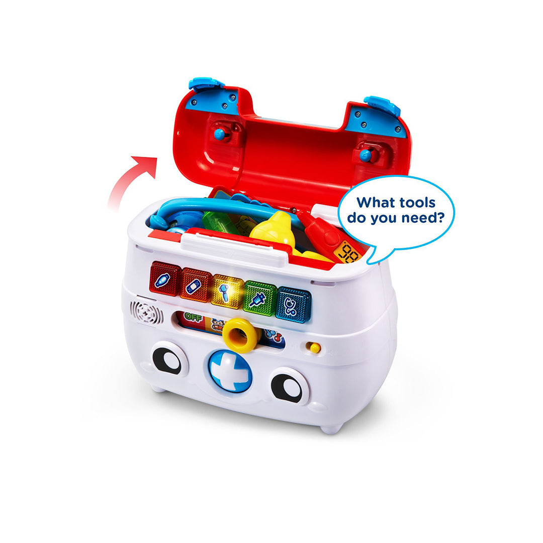 Close-up of VTech Doctor Kit with Light-Up Buttons and Patient Card
