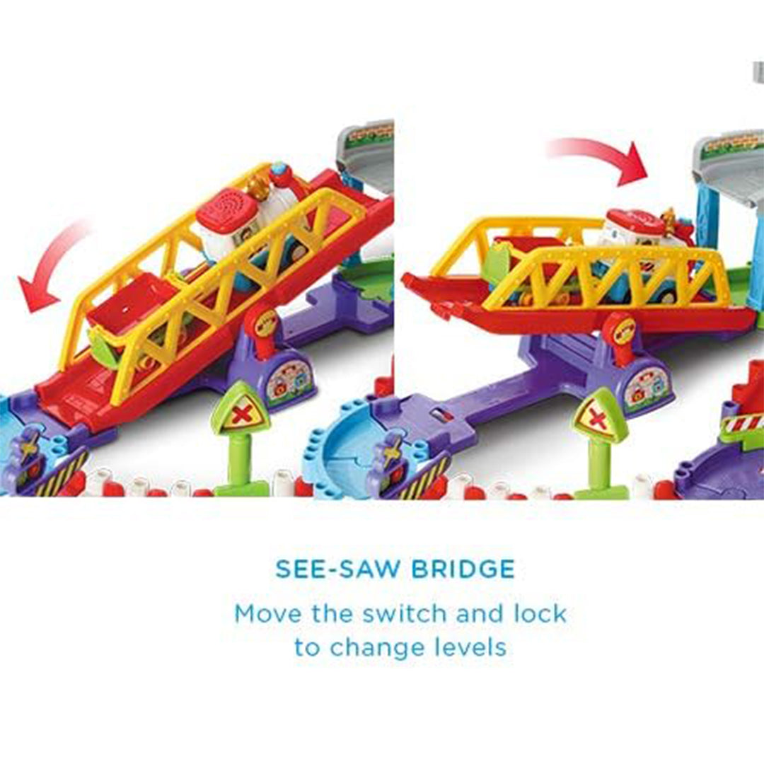 Overview of VTech Train Set Showing Varied Track Combinations
