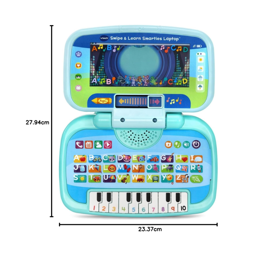 Vtech Swipe & Learn Smarties Laptop toy shown open on a white background with dimension lines indicating 27.94 cm height and 23.