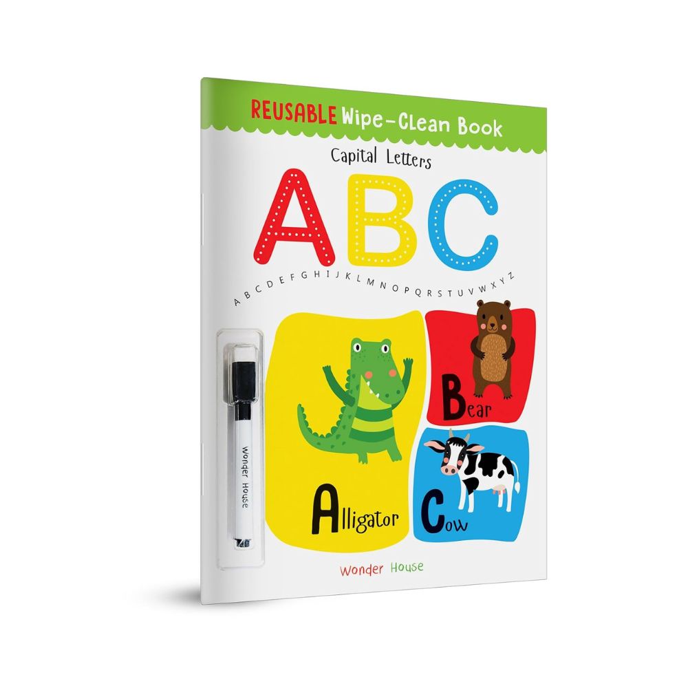 Wonder House Reusable Wipe-Clean Book for capital letters ABC, featuring colorful cartoon illustrations of an alligator, bear, and cow on a white cover with a white wipe-clean marker attached on the left side, shown on a plain white background.