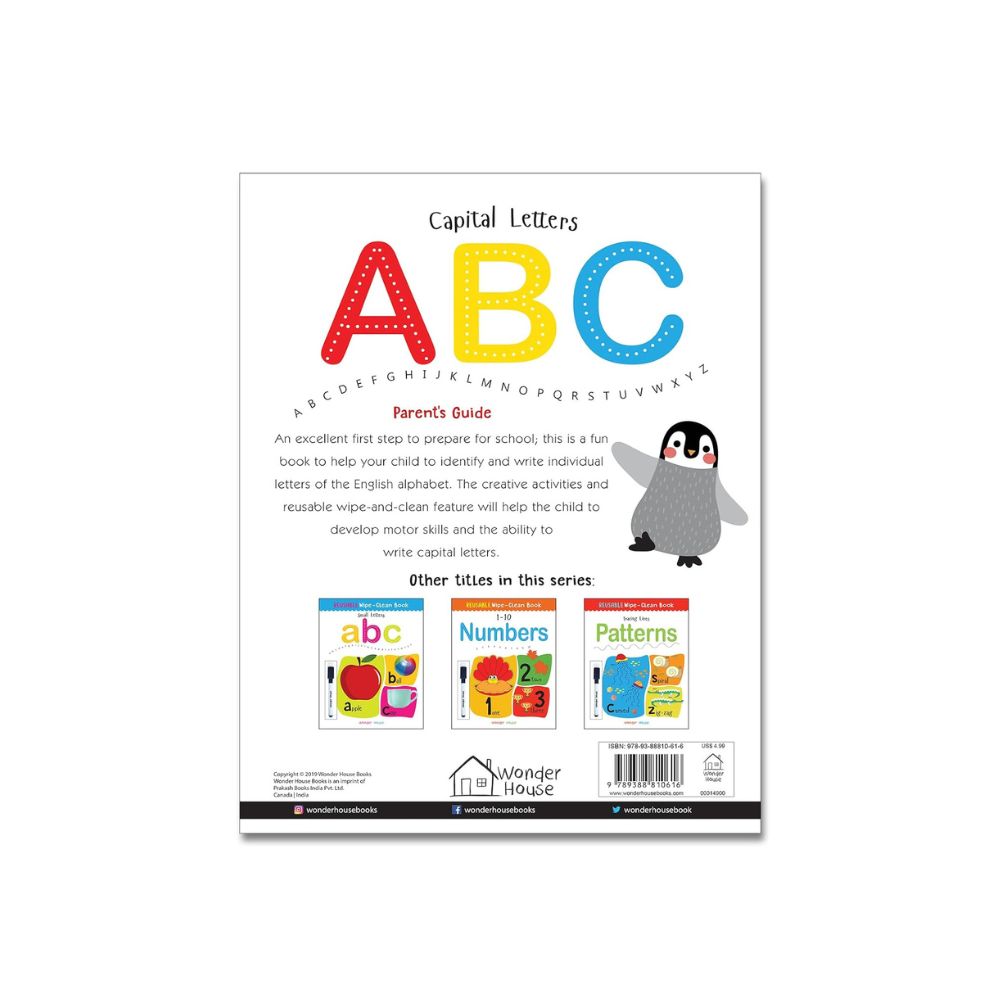 Wonder Weave Capital Letters Parent's Guide book cover, featuring colorful red, yellow, and blue 'ABC' letters, a cartoon penguin, and small preview images of other educational books on a white background.