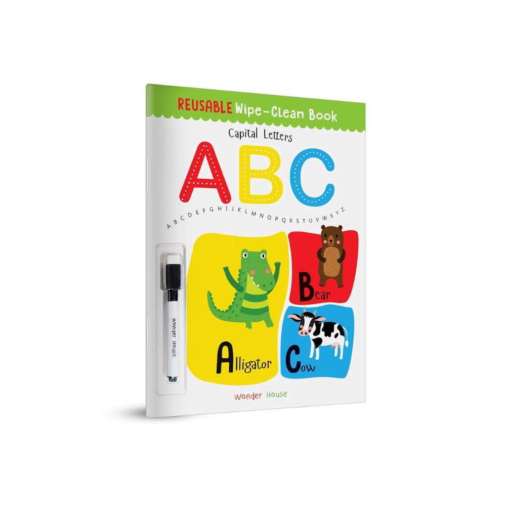 A children's reusable wipe-clean book titled 'ABC Capital Letters' shown upright on a white background. The cover is white with colorful uppercase letters A, B, and C, plus animal illustrations in yellow, red, and blue blocks.