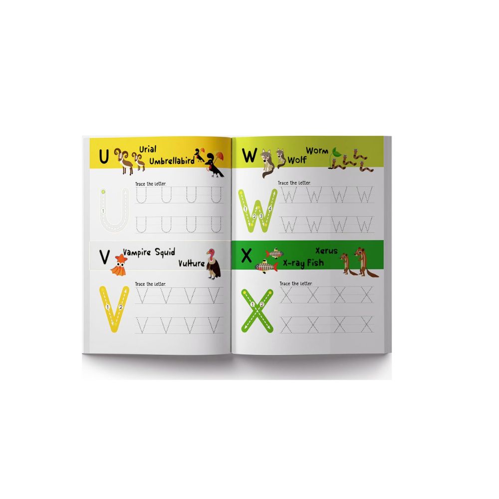 An open children's alphabet tracing book showing uppercase letters U, W, V, and X with animal illustrations and dotted tracing lines on a white background.