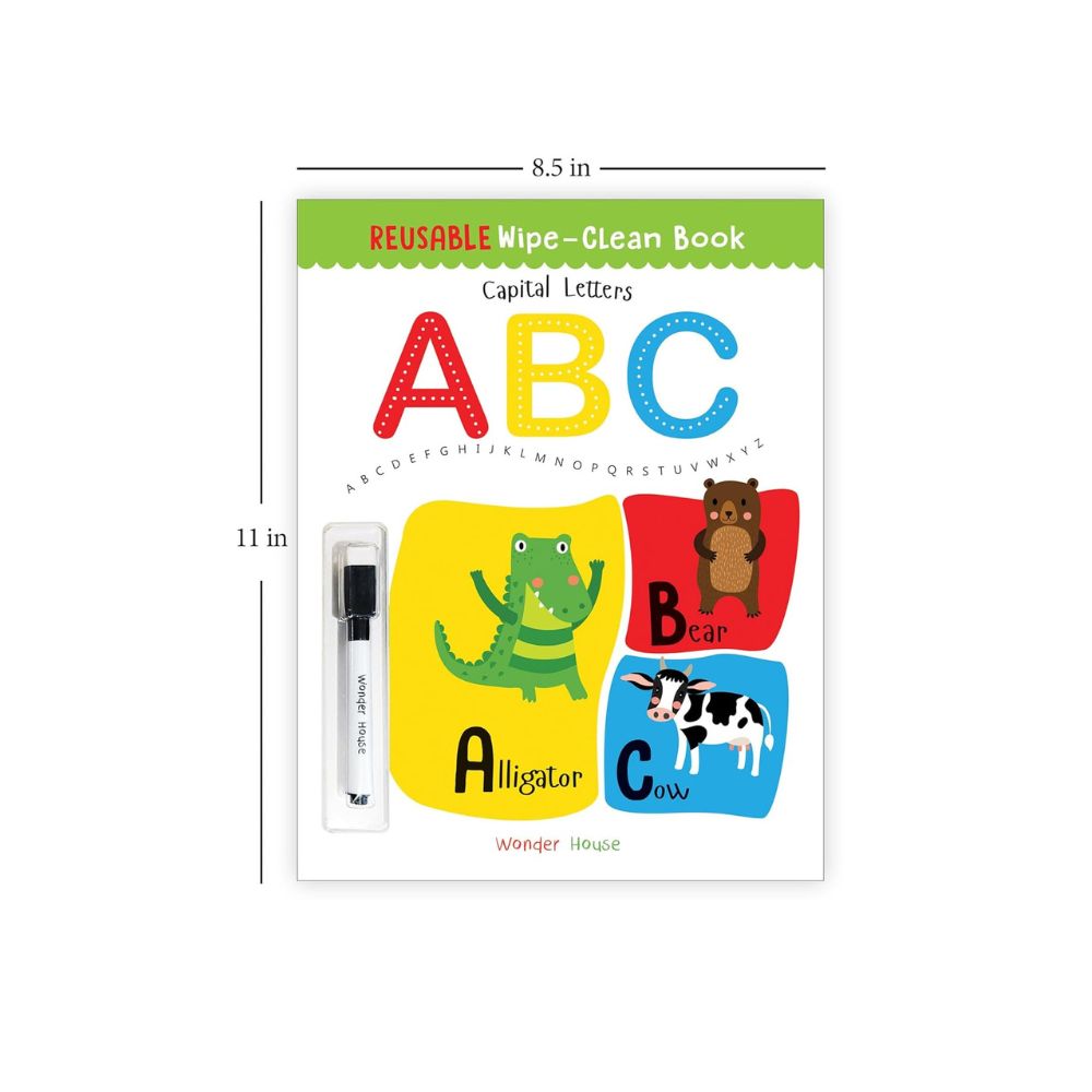 A reusable wipe-clean children's alphabet book shown front-facing on a white background, with dimension lines indicating 8.5 in by 11 in.