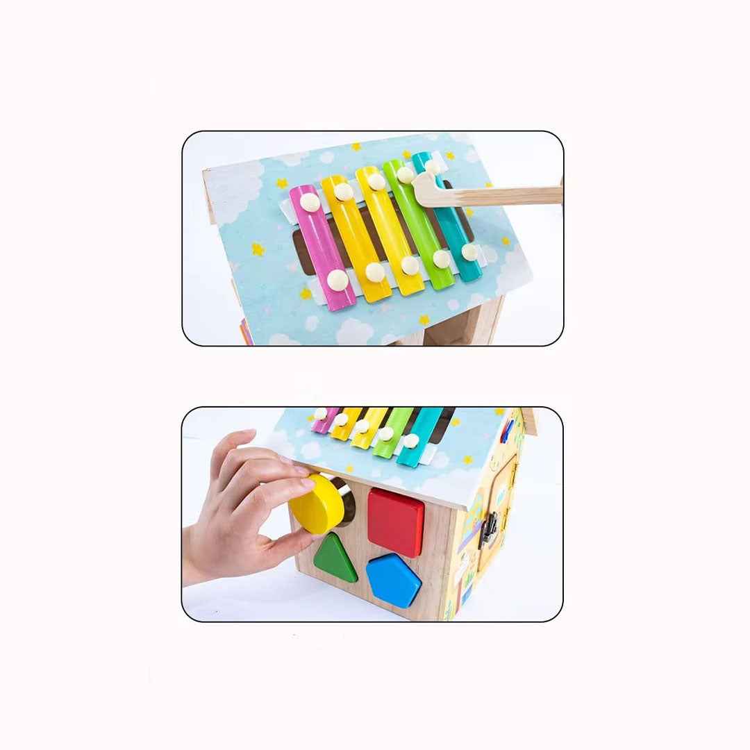 Wooden Activity Center Sensory Learning Toy House with Xylophone