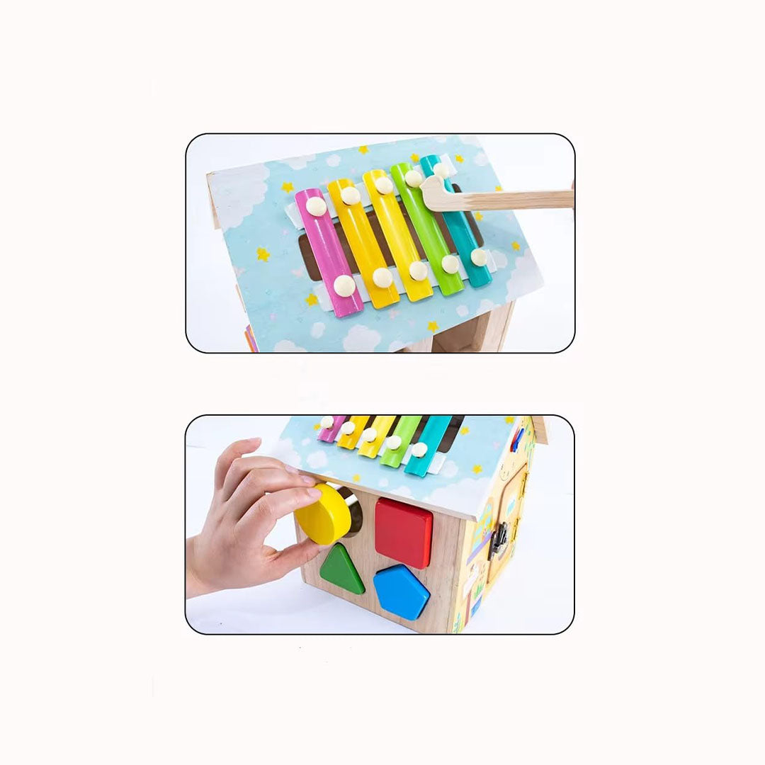 Wooden Activity Center Sensory Learning Toy House with Xylophone