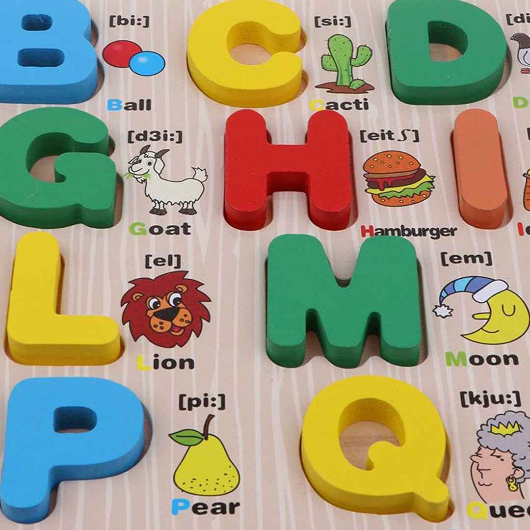Child learning phonics with the brightly colored Wooden Alphabet Puzzle educational toy in the UAE
