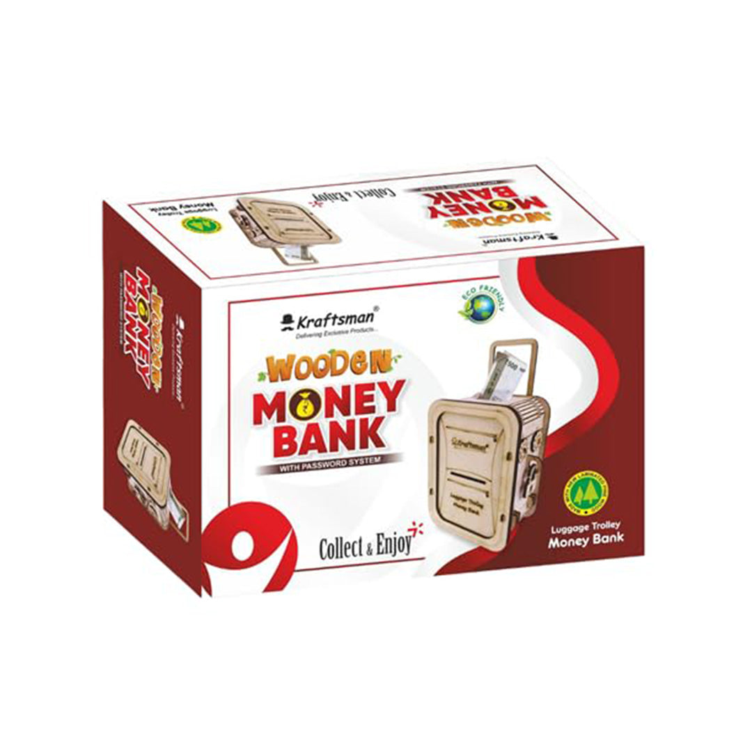 Wooden Money Bank - Luggage Trolley Style Coin Bank - Toyspry