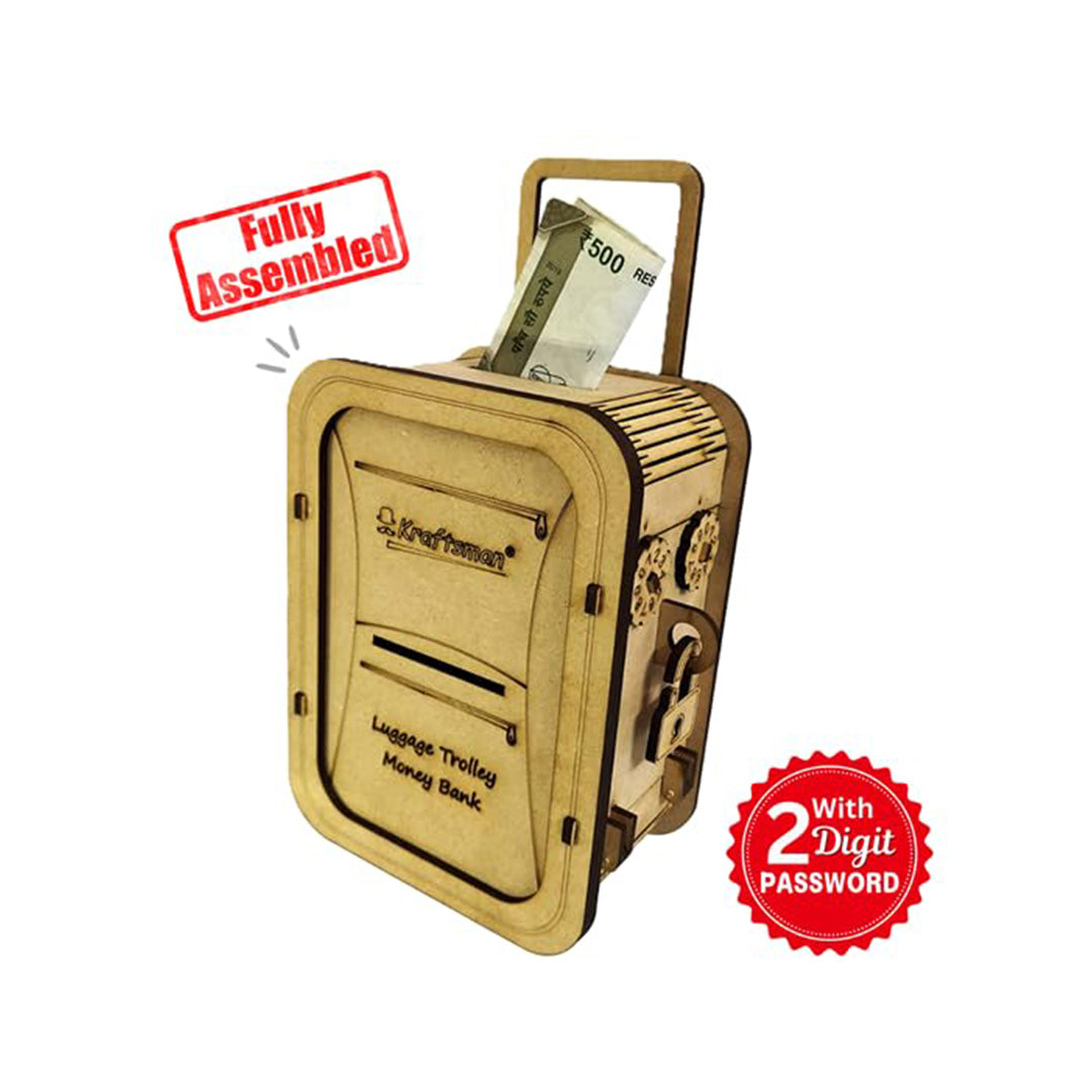 Wooden Money Bank - Luggage Trolley Style Coin Bank - Toyspry