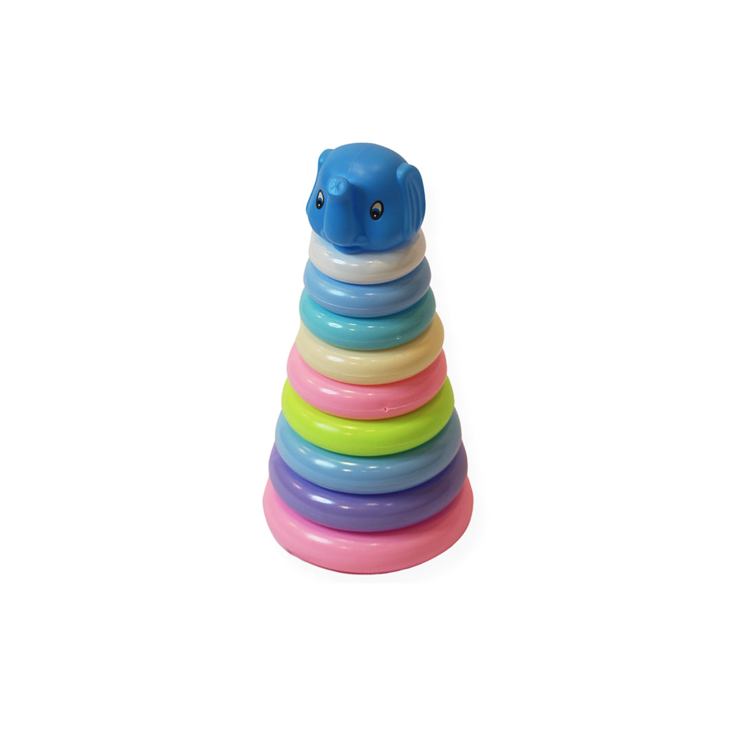 "Close-up of the colorful rings in the Elephant Rainbow Stacking Ring Toy"