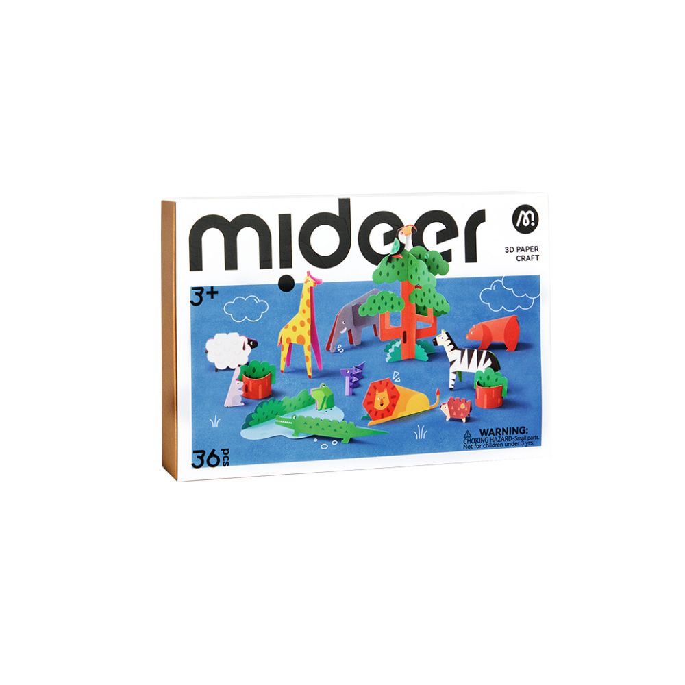 Mideer 3D Paper Craft toy set box featuring a colorful safari theme with animals and a tree on a blue background, shown on a plain white background.