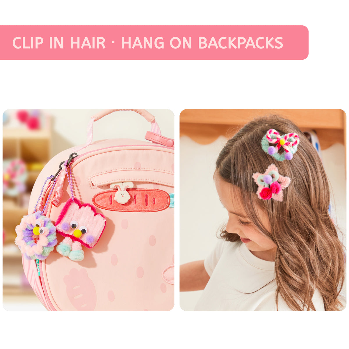 A pink backpack with a colorful fuzzy flower clip and a matching hair clip attached, shown alongside a child wearing the hair clips. Text at the top reads 'CLIP IN HAIR • HANG ON BACKPACKS'.