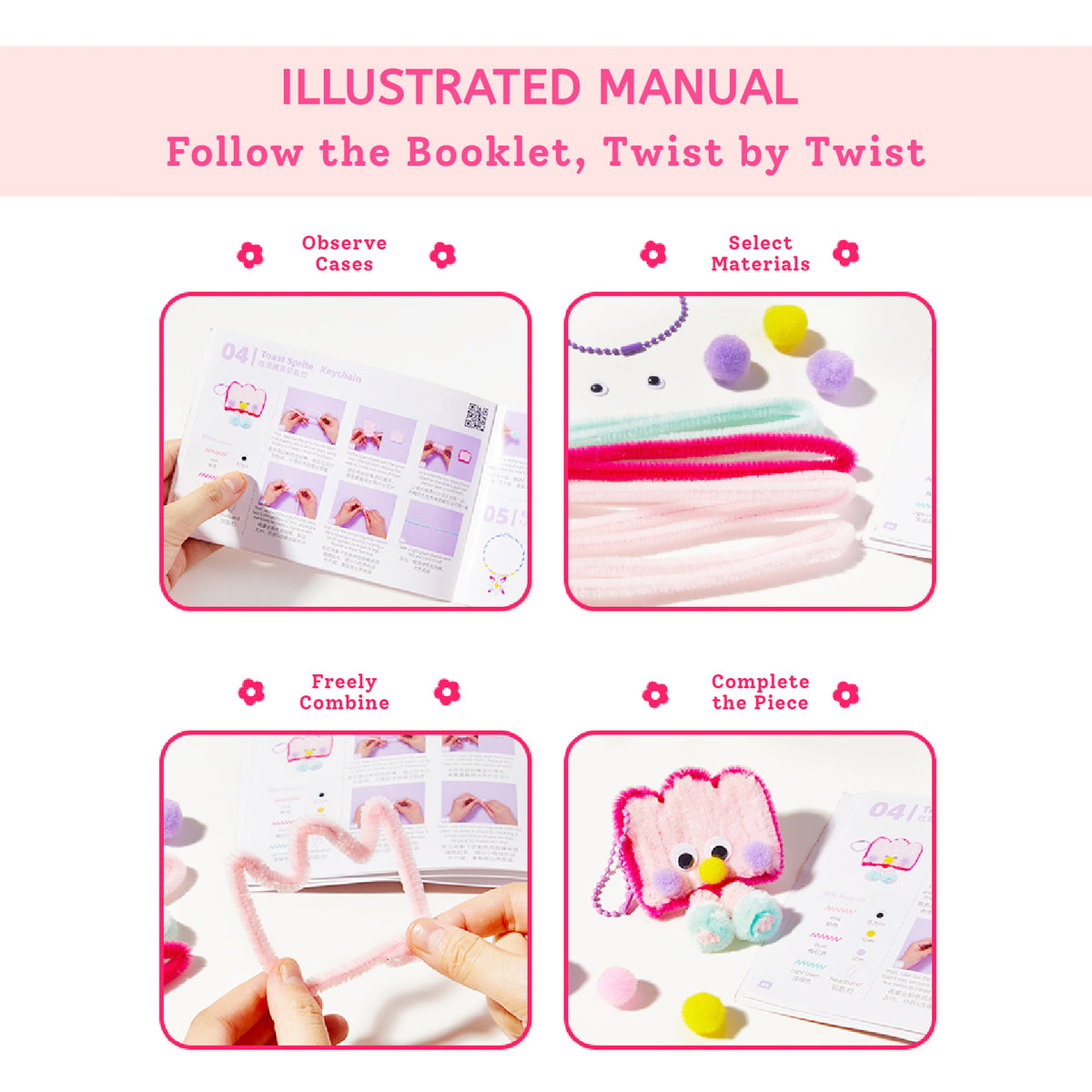 Promotional graphic for a craft kit showing an illustrated manual and materials. The top header reads 'ILLUSTRATED MANUAL Follow the Booklet, Twist by Twist.