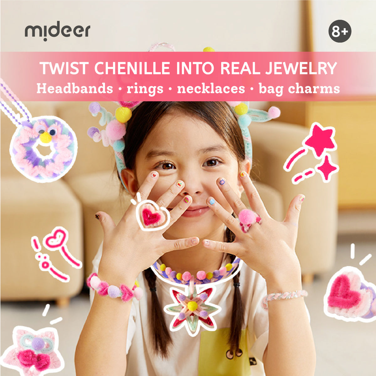 A child wearing colorful craft jewelry made from twisted chenille, including a headband, rings, bracelets, and a necklace, with text reading 'TWIST CHENILLE INTO REAL JEWELRY' and the brand name 'mideer' shown at the top.
