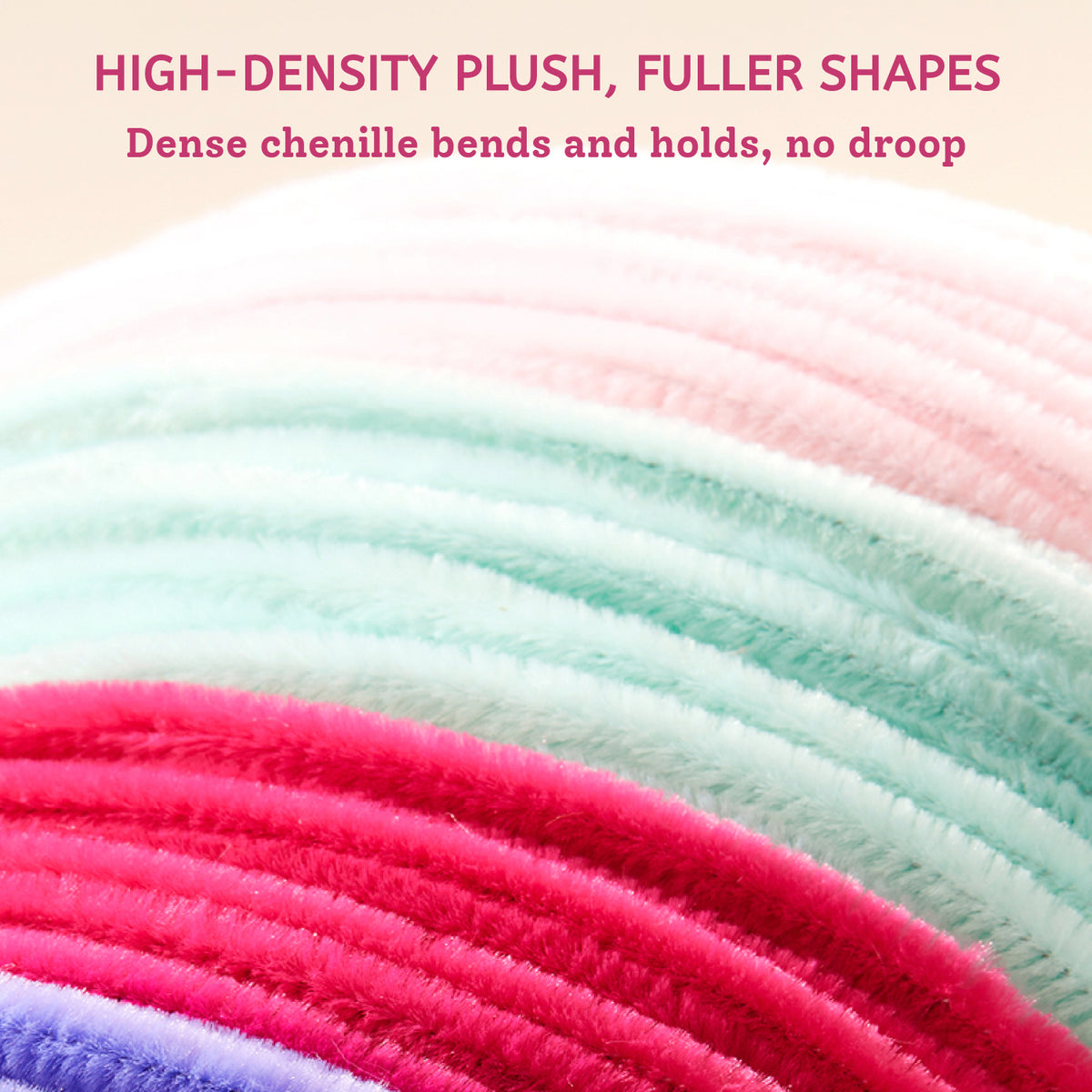 Close-up of layered chenille stems in multiple pastel and bright colors, including pink, mint green, red, and purple, with marketing text at the top about high-density plush and fuller shapes.